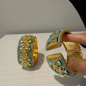 Vintage elegant Gold and Blue Floral wide Bangles